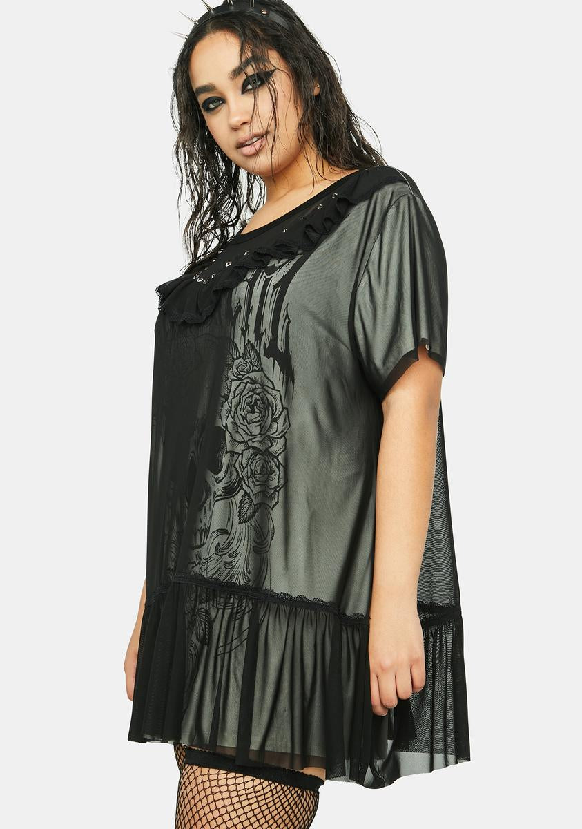 t shirt mesh dress Plus Size Current Mood Mesh Overlay Skull Graphic T-Shirt Dress