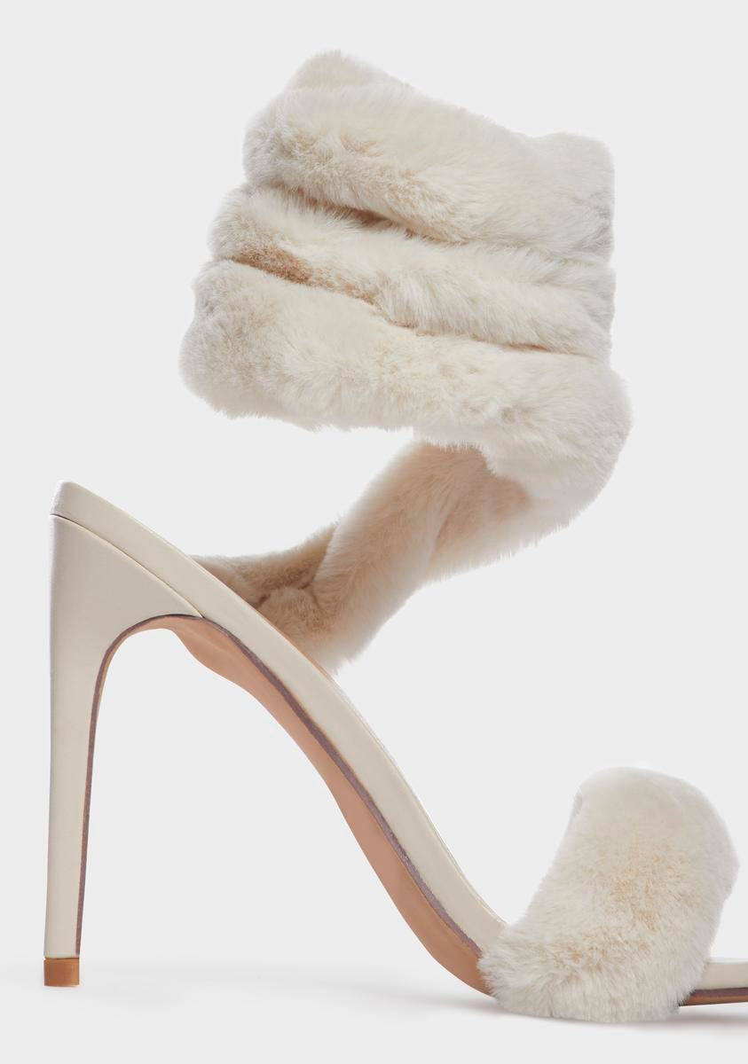 Faux Fur Wrap Sandal Heels White/Cream – Dolls Kill