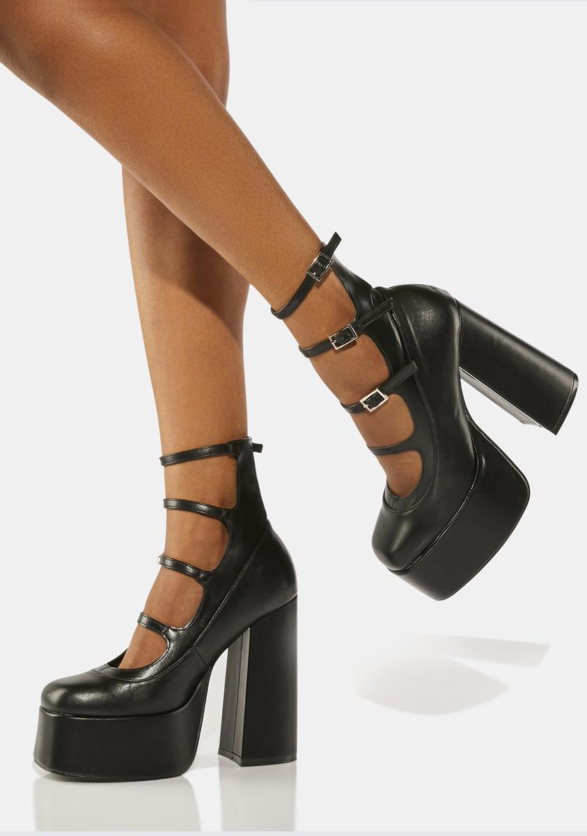 Koi Footwear Buckle Strap Vegan Leather Platform Heels - Black PU ...
