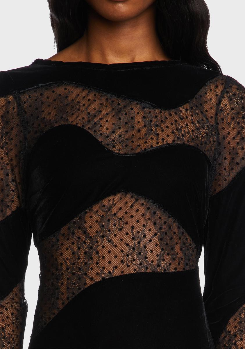 For Love & Lemons Velvet Lace Flocked Dot Maxi Dress