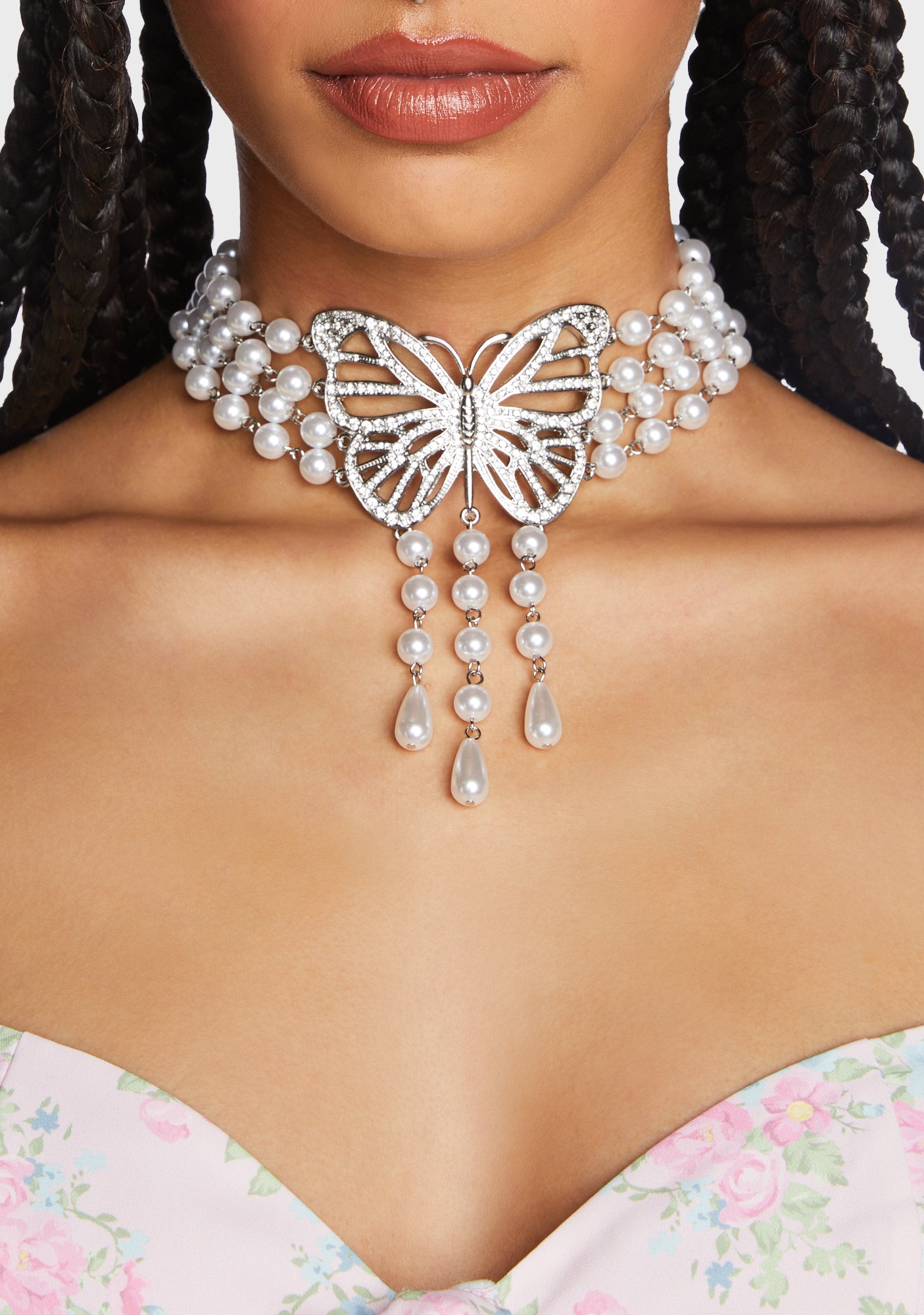 [ReinSein]ACC★Silver Pearl Butterfly Chocker Rhinestone Butterfly Pearl Choker Necklace - Silver – Dolls Kill