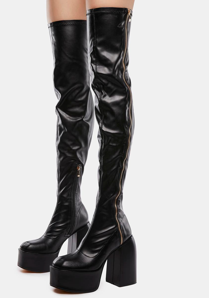 Thigh High Vegan Leather Platform Heel Boots - Black – Dolls Kill