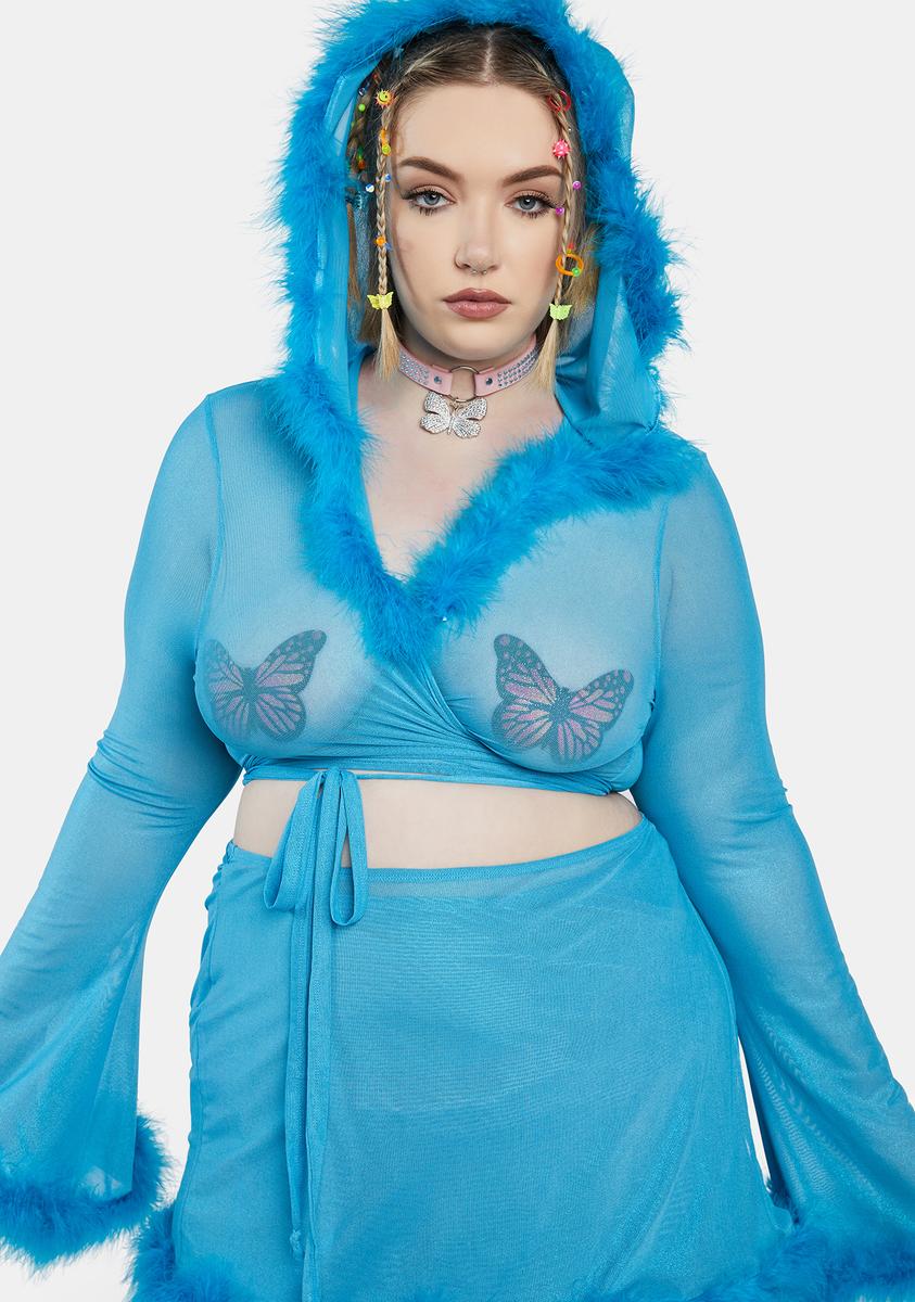 Plus Size Club Exx Glitter Sheer Mesh Marabou Trim Hoodie Top - Blue – Dolls Kil