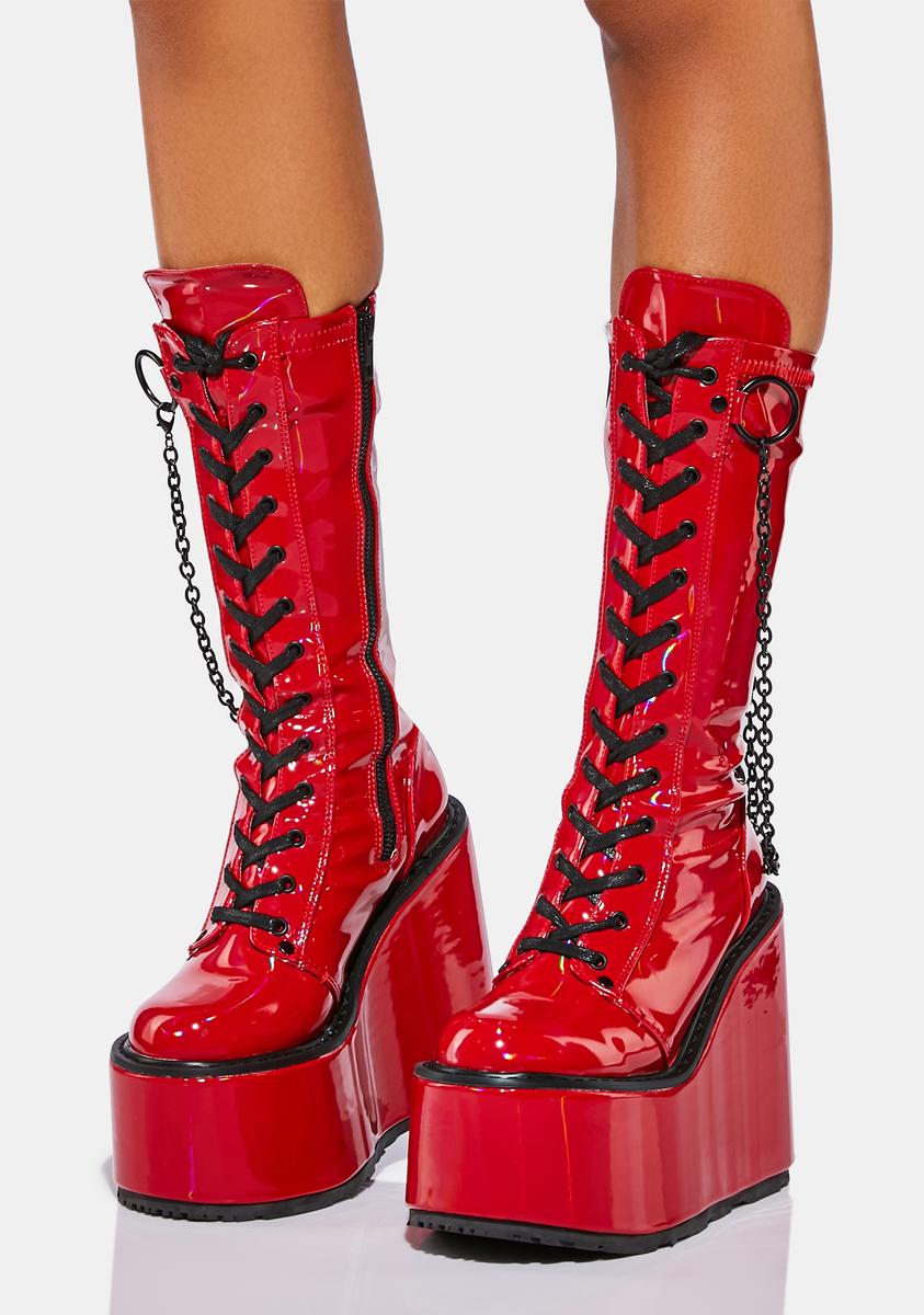 Demonia Swing-150 Calf High Chain Platform Boots - Red Holographic ...