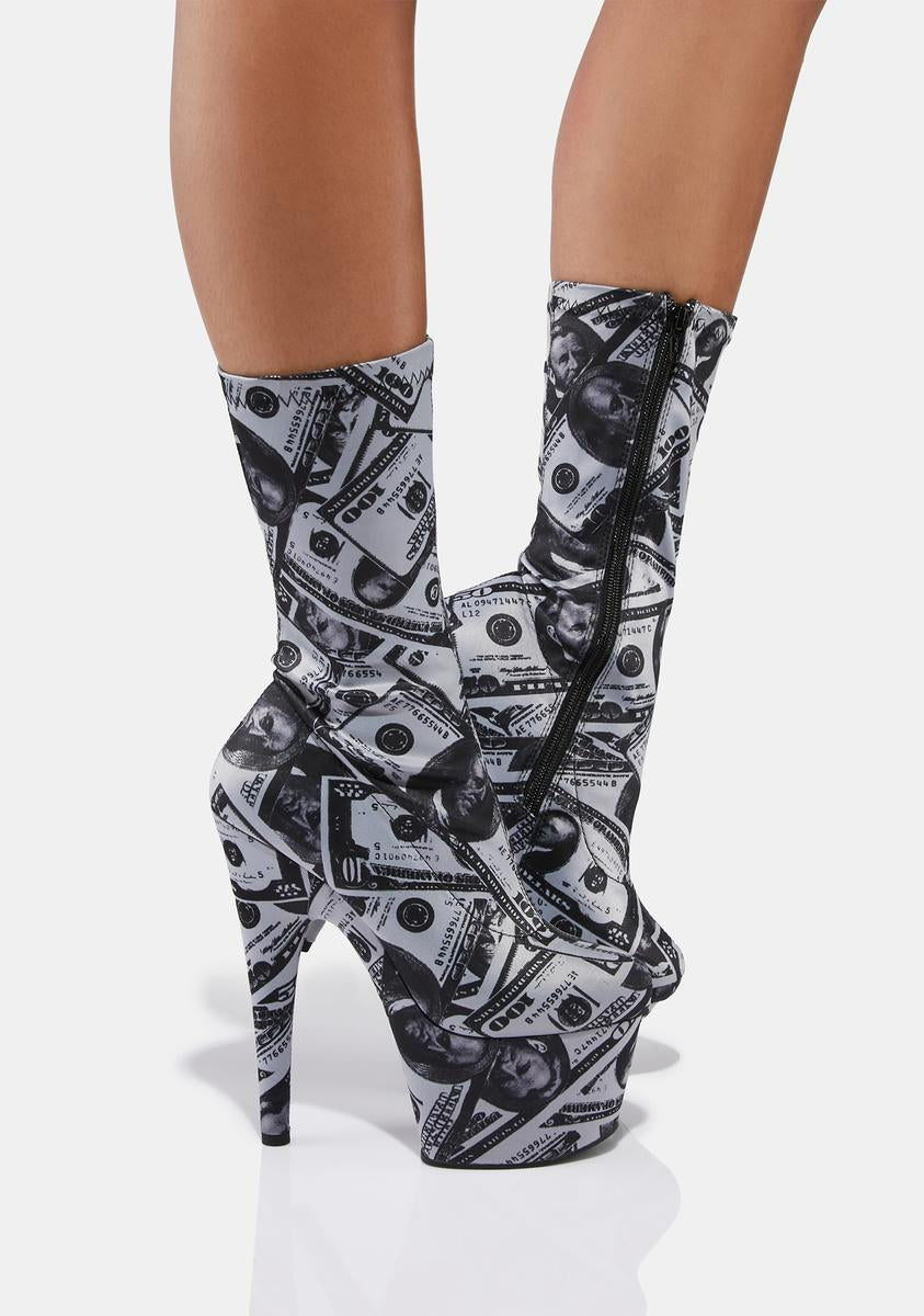 Pleaser Money Print Platform Stiletto Boots – Dolls Kill