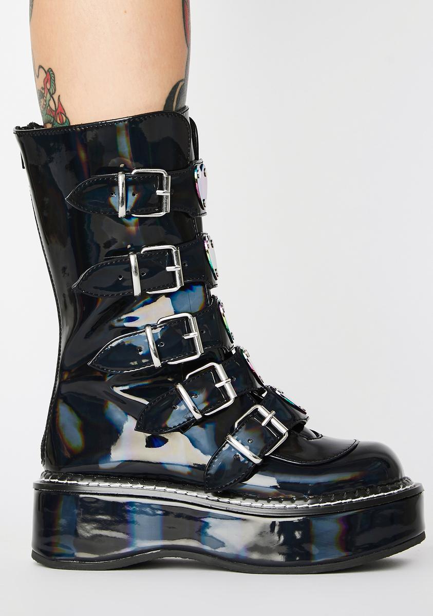 Demonia Oil Slick Iridescent Heart Holographic Buckle Platform