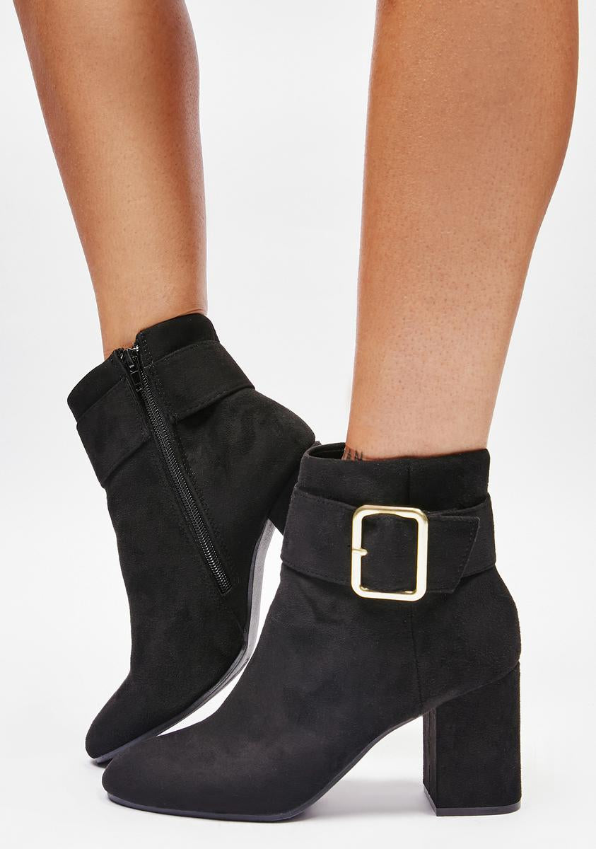 Faux Suede Gold Buckle Ankle Boots - Black – Dolls Kill