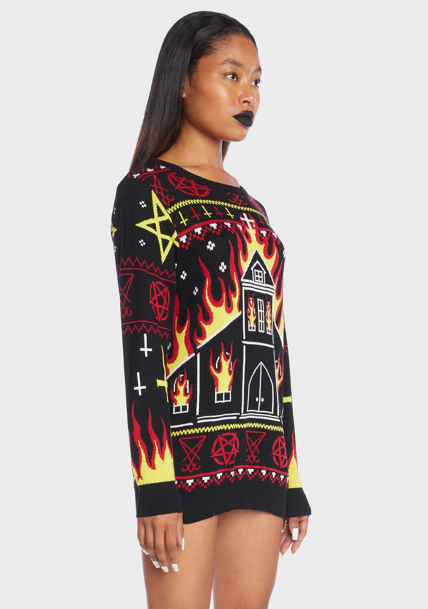 Too Fast Church Fire Printed Knit Christmas Sweater Dolls Kill