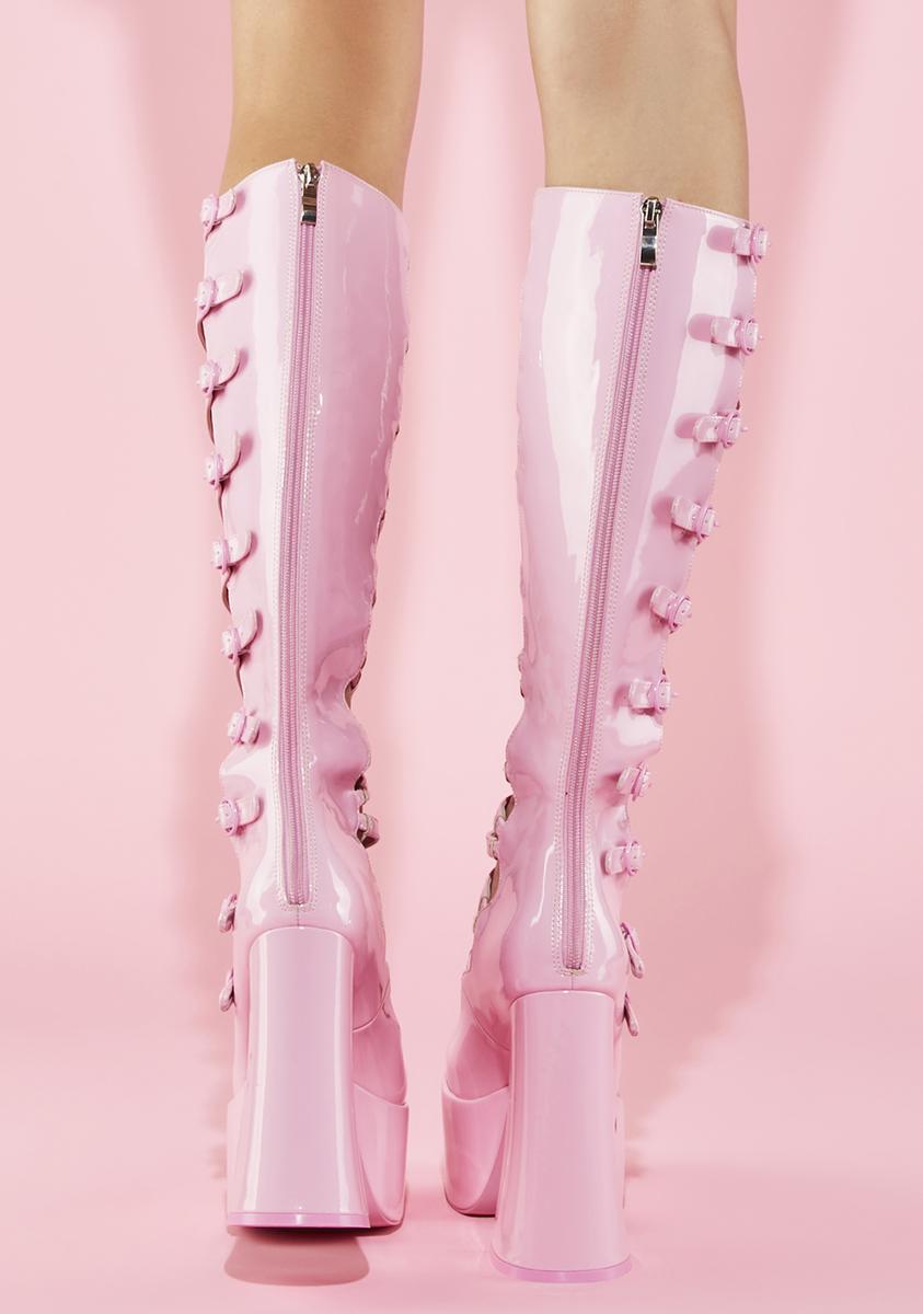 Sugar Thrillz Caged Knee High Patent Platform Boots - Pink