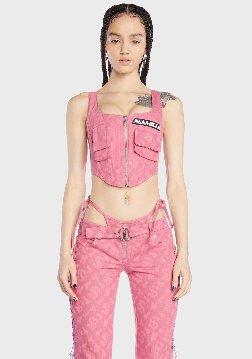 Pink Monogram Denim Corset Top Namilia,New Products : American Fashion Style Bags On Sale