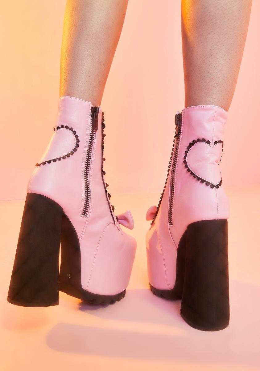 treat ürself ribbon girly pumps boots Sugar Thrillz Rhinestone Buckle Up Platform Heels - Pink