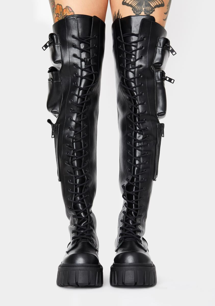 Current Mood Thigh High Utility Boots Pockets Lace Up Vegan