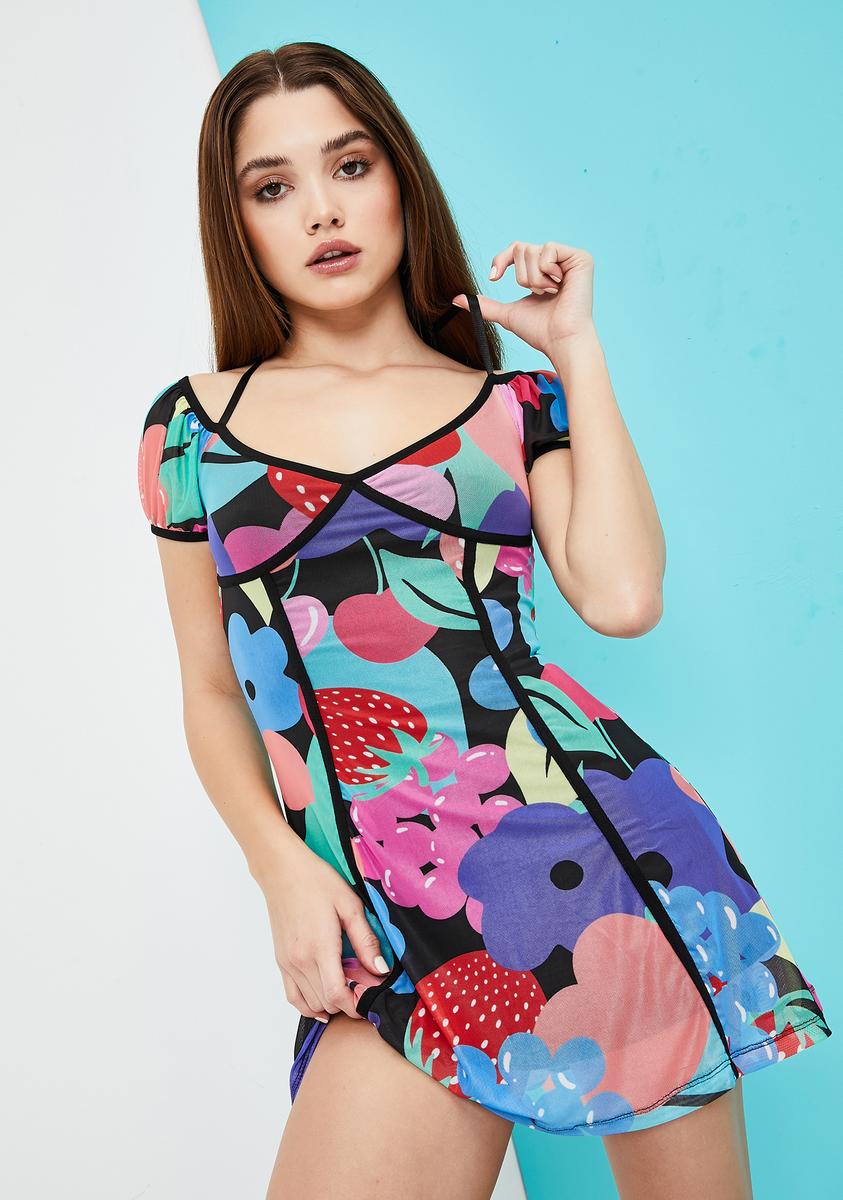 fruit print mini dress Current Mood Fruit Print Mesh Puff Sleeve Mini Dress – Dolls Kill