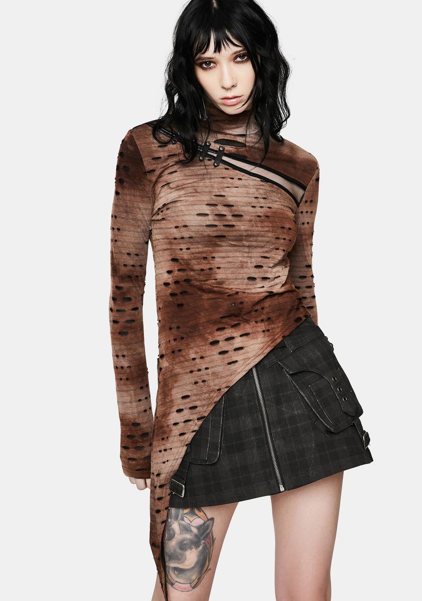 Brown Steampunk Asymmetrical Distressed T-Shirt Punk Rave,All Products : American Fashion Style Bags On Sale