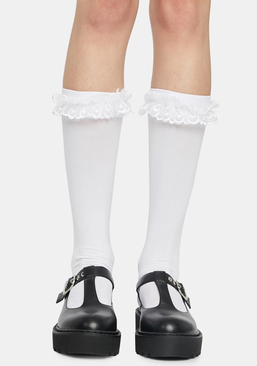 Lace Ruffle Opaque Knee High Socks - White – Dolls Kill