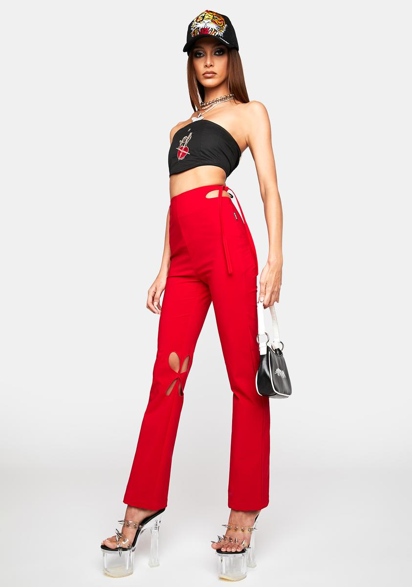 Zemeta Semi Flared Cut Out High Wasted Pants - Red – Dolls Kill