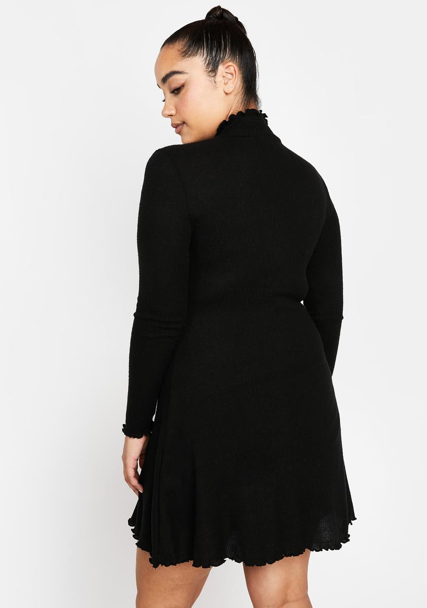 Plus Size Long Sleeve A Line Lettuce Trim Keyhole Mock Neck Mini