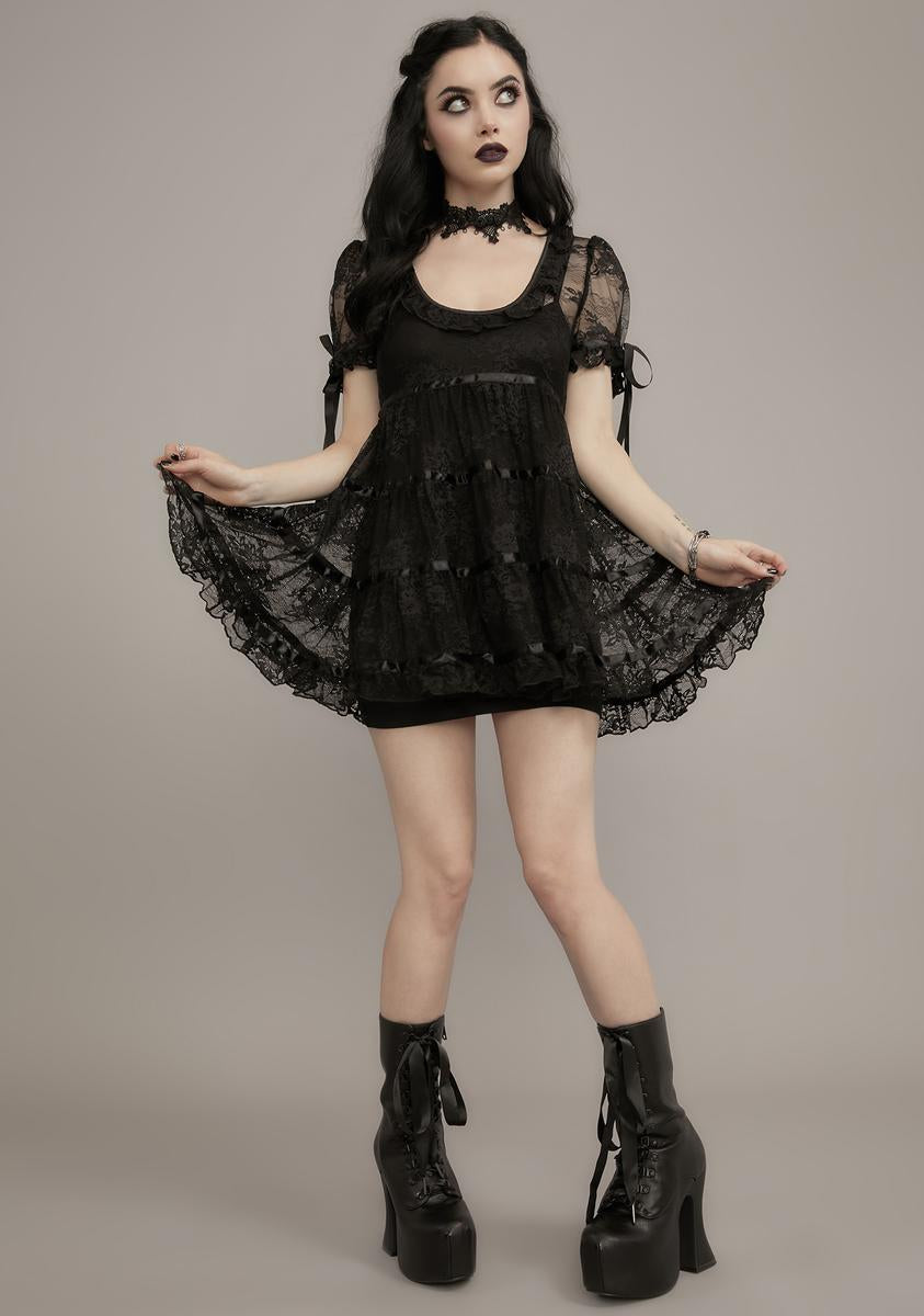 Widow Lace Satin Ribbon Puff Sleeve Mini Dress – Dolls Kill 