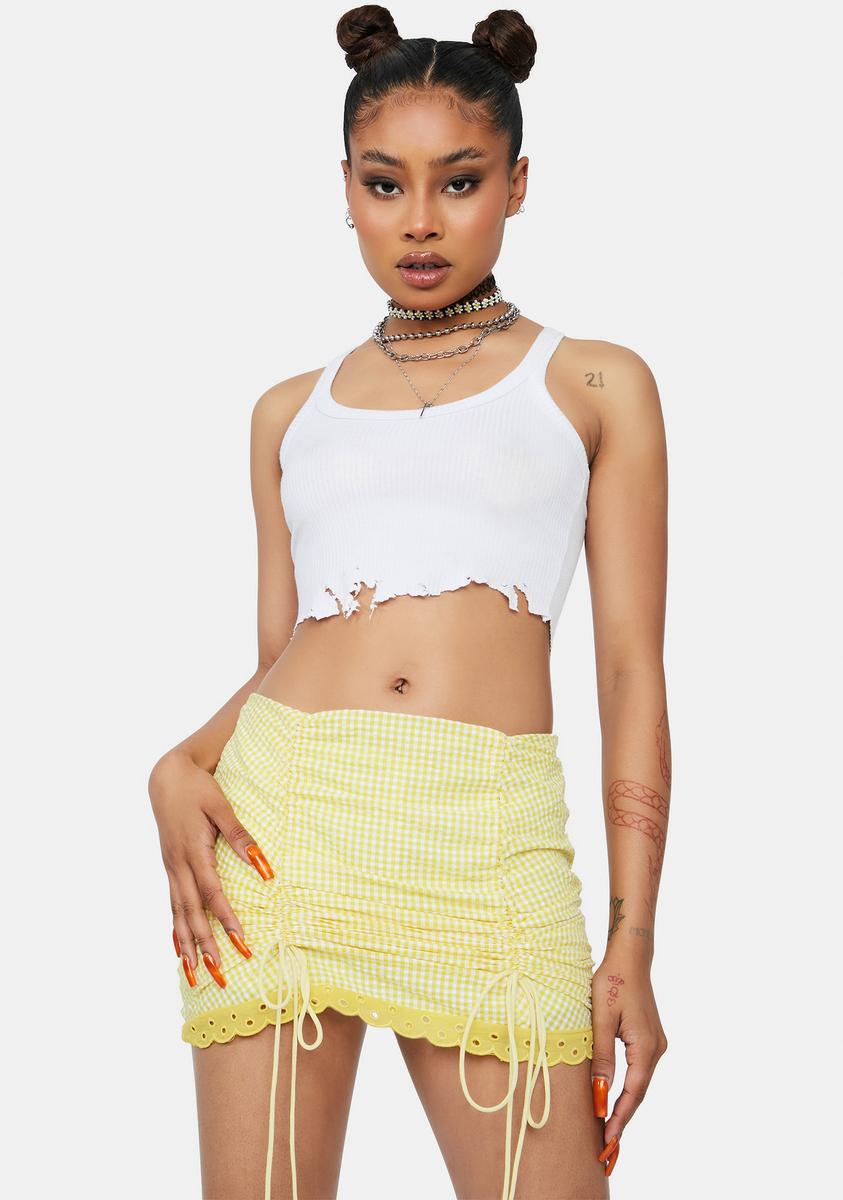 Gingham Mid Rise Ruched Eyelet Trim Mini Skirt Yellow Dolls Kill