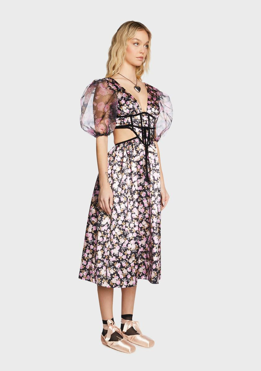 For Love & Lemons Satin Floral Print Midi Dress - Black Dolls Kill For Love & Lemons Satin Floral Print Midi Dress - Black Dolls Kill