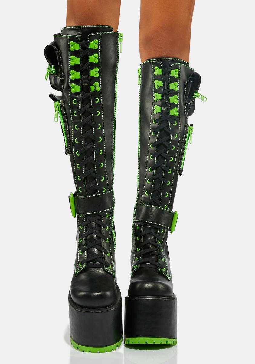 Club Exx Heeled Knee High Platform Pocket Combat Boots Black Neon Green Dolls Kill