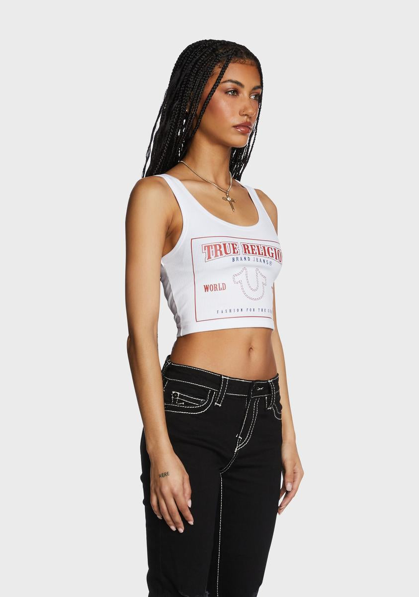 True Religion Brand Jeans Crop Logo Tank Top - Optic White
