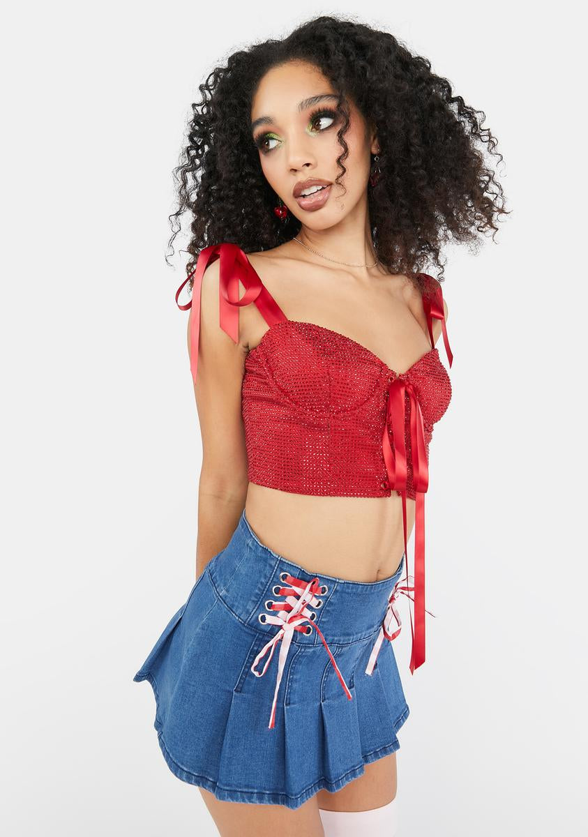 Dolls Kill X Wizard Of Oz Rhinestone Studded Ribbon Tie Corset Top - Red
