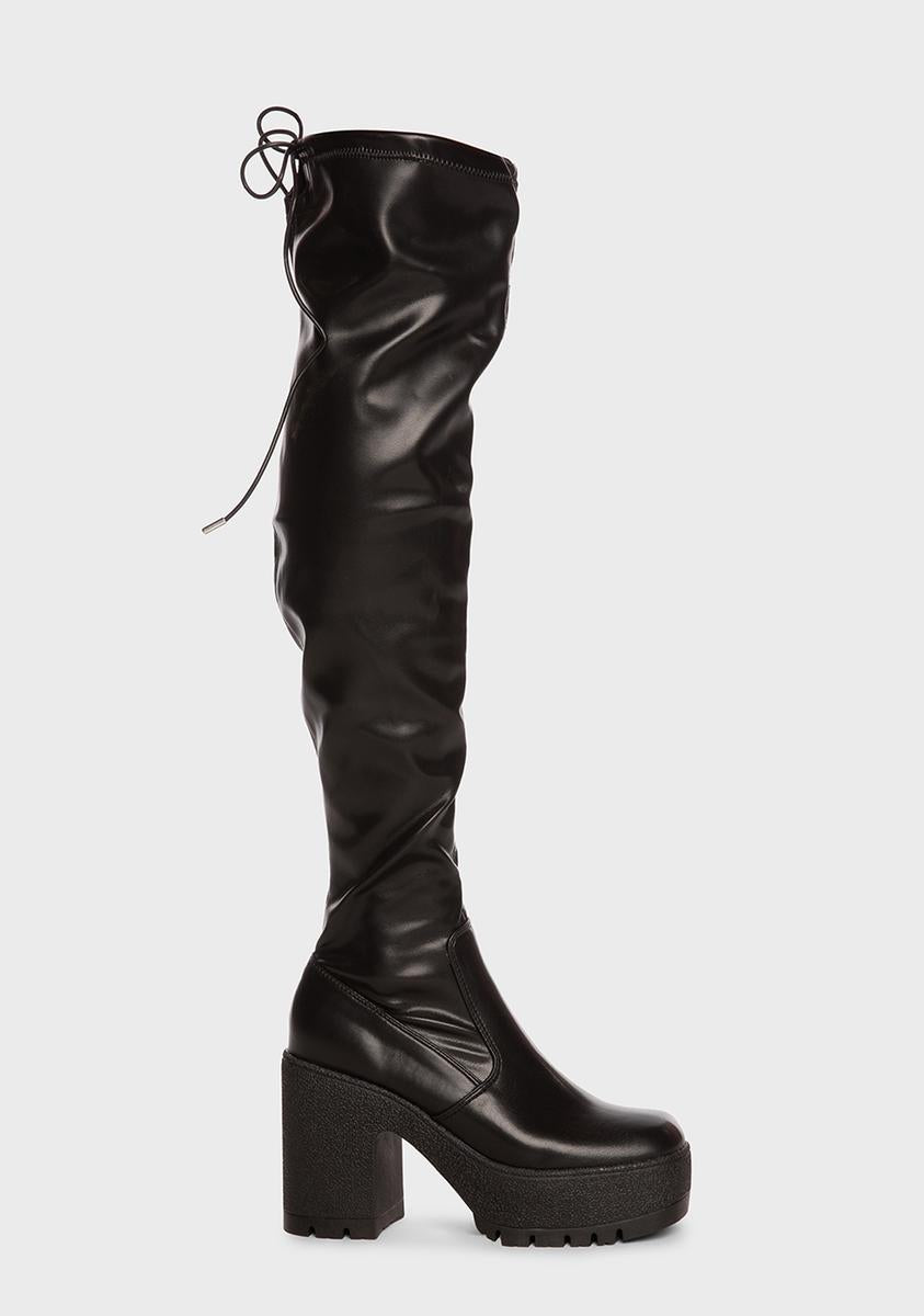 Vegan Leather Slouchy Thigh High Platform Boots - Black