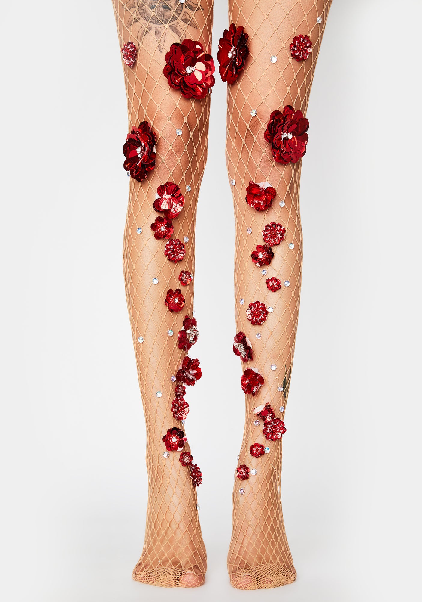 Embellished Flower Rhinestone FIshnet Tights