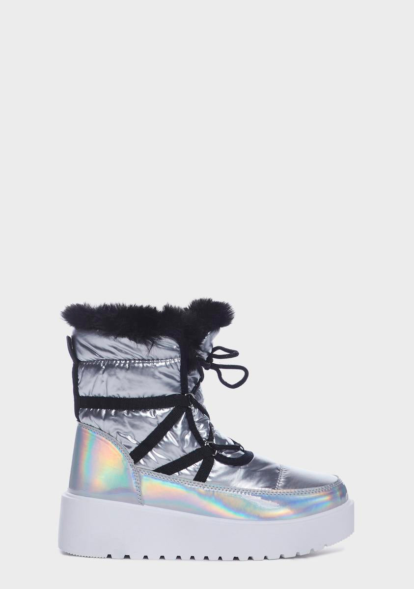 Holographic Faux Fur Quilted Puffer Boots - Silver – Dolls Kill