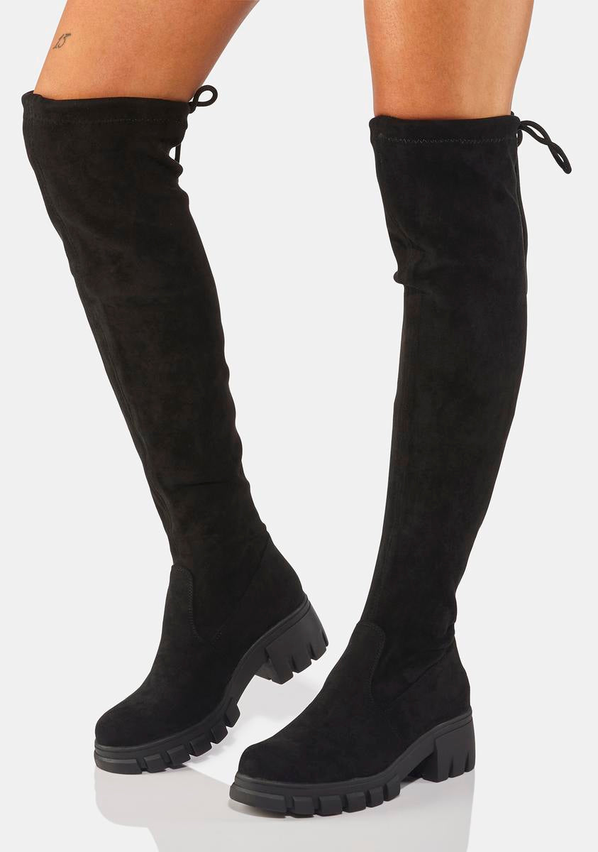 Over The Knee Stretch Tie Back Boots - Black – Dolls Kill
