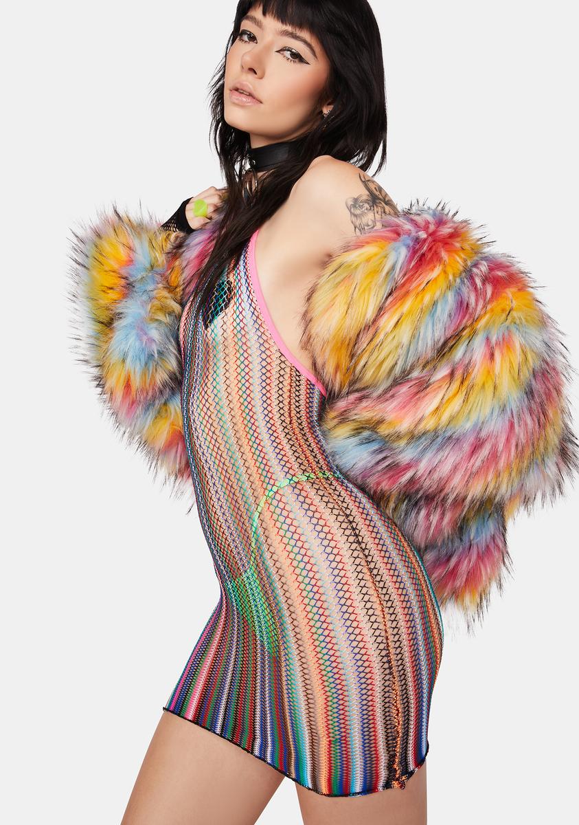 Rainbow Pride Fishnet Halter Mini Dress