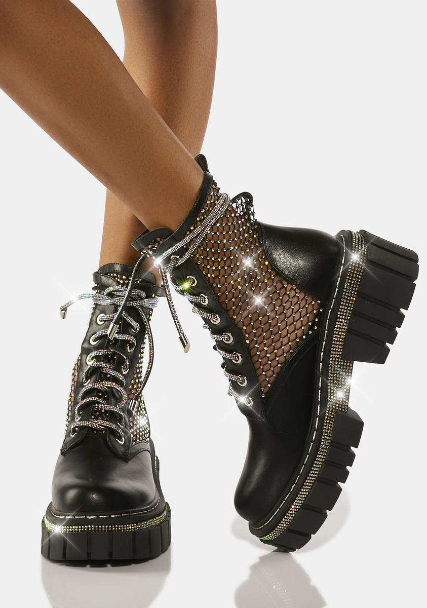 AZALEA WANG Satin Rhinestone Pearl Platform Boots - Black – Dolls Kill