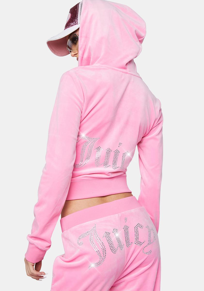 Juicy Couture Logo Embossed Rhinestone Hoodie Zip Up - Pink