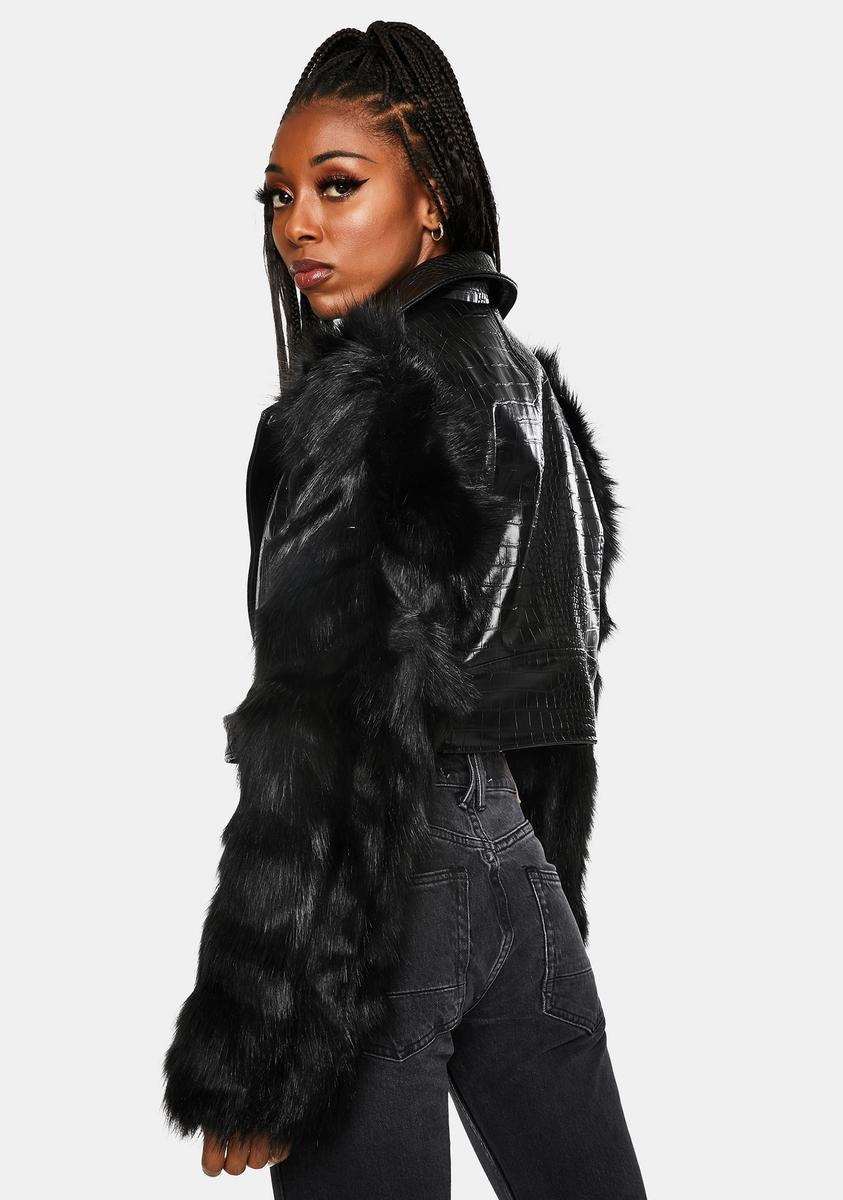 AZALEA WANG Nolla Faux Fur Croc Moto Jacket – Dolls Kill