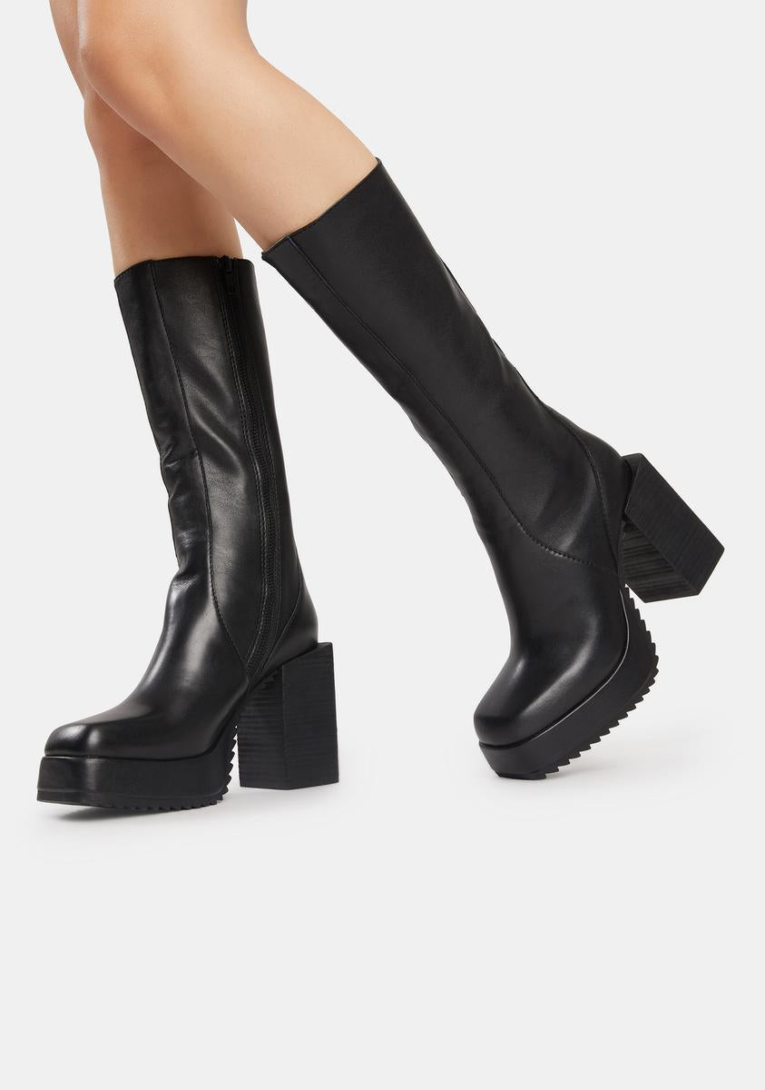 Darker Wavs Leather Square Toe Block Heel Platform Boots