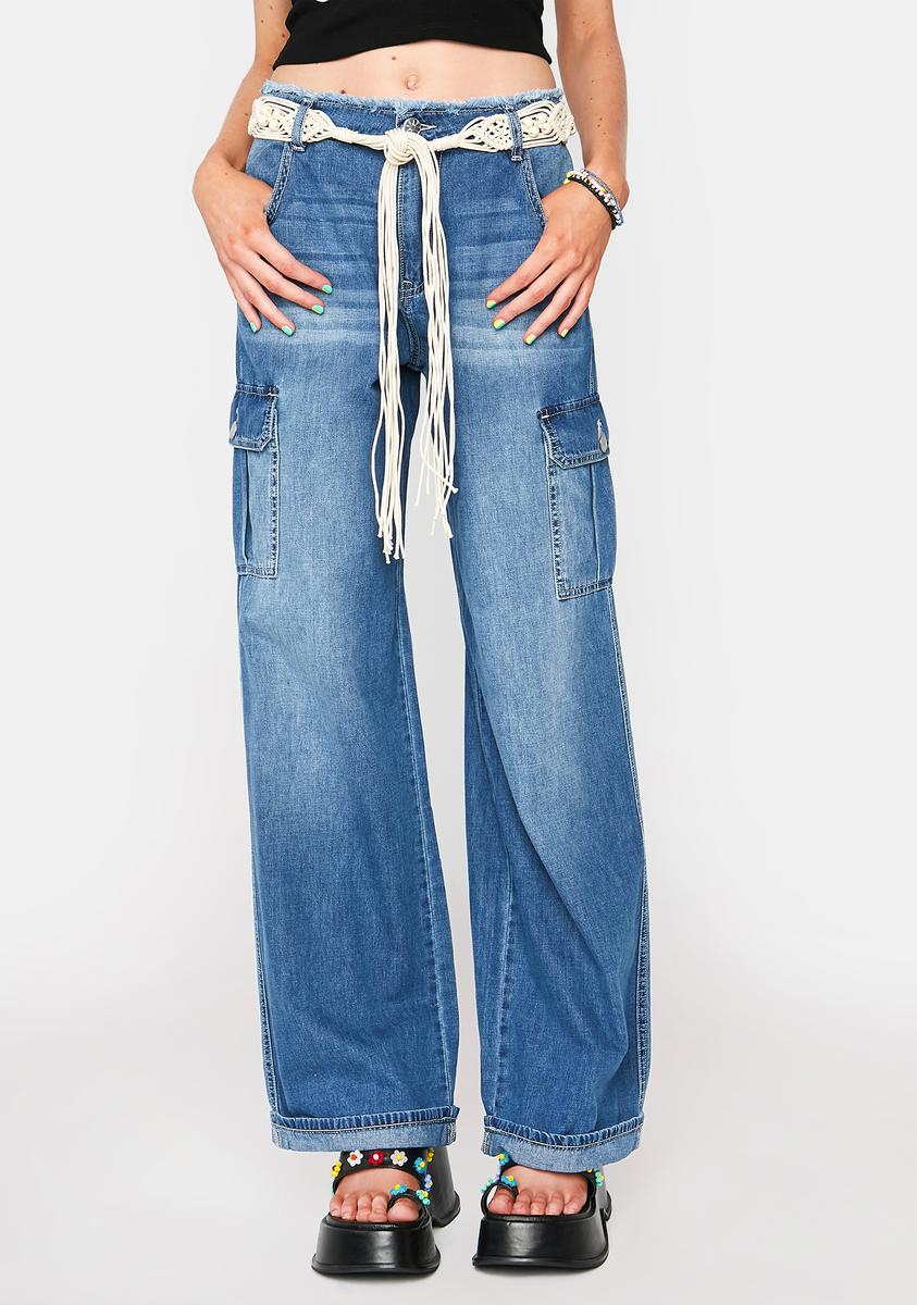 Delias Denim Cargo Pants With Macrame Belt - Blue – Dolls Kill