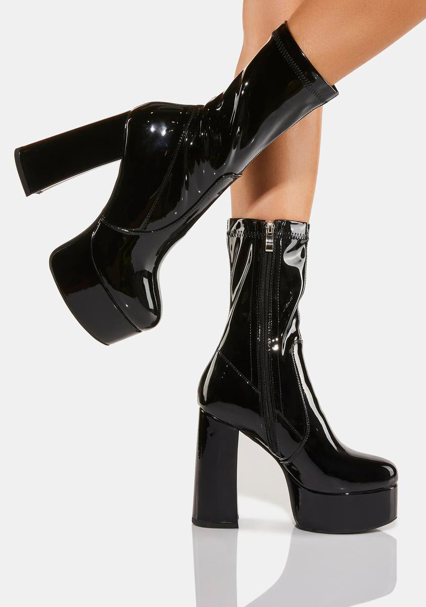 SIMMI Mid-Calf Patent Vegan Leather Zipper Block Heel Boots - Black ...