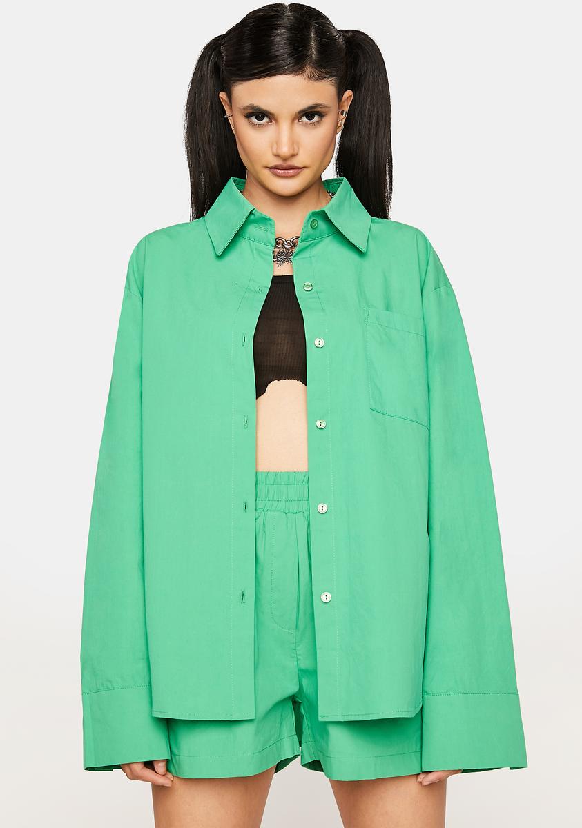 Long Sleeve Button Up Oversized Shorts Set - Green – Dolls Kill