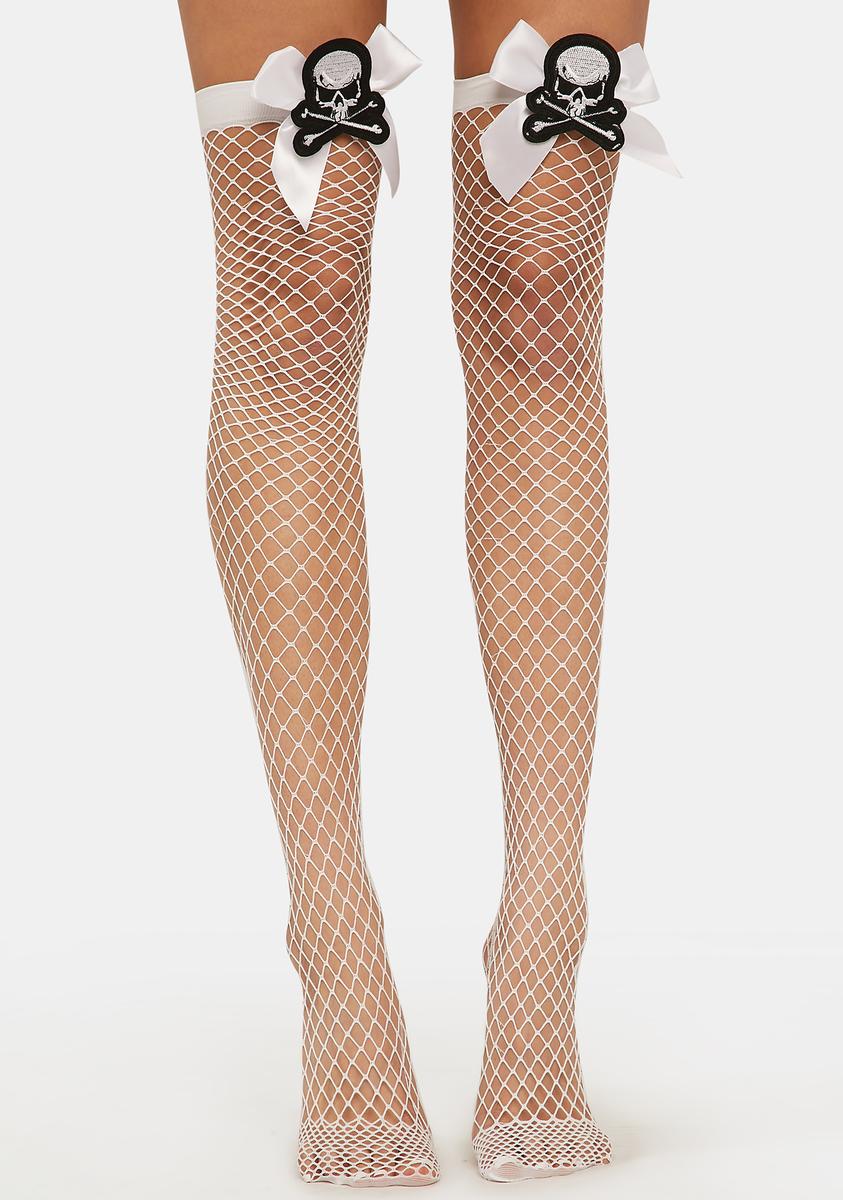 Skull Patch Bow Fishnet Stockings - White – Dolls Kill