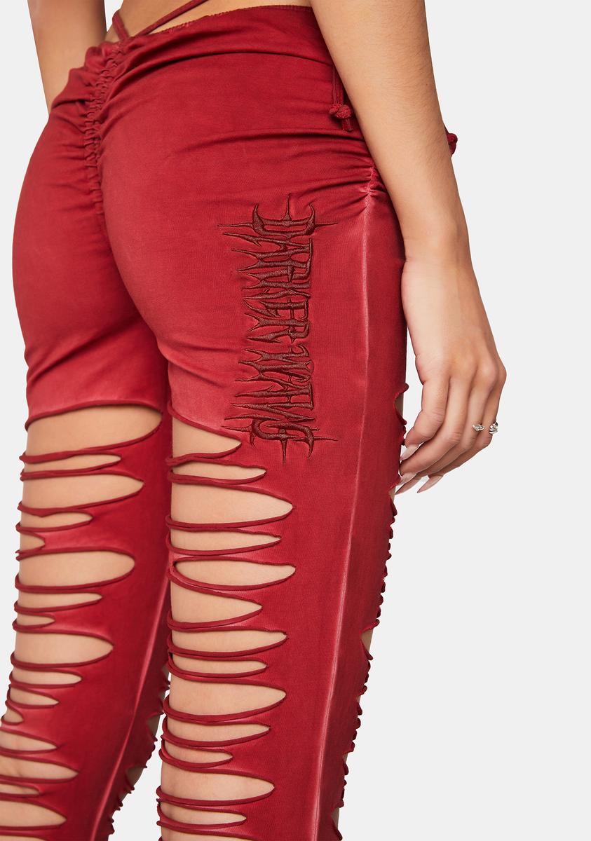 Darker Wavs Slashed Cut Out Low Rise Flare Pants - Dark Red 