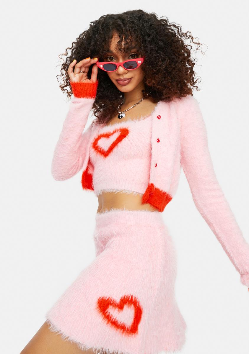 Delias Groovy Heart Cropped Tank And Cardigan Set - Pink Red – Dolls Kill