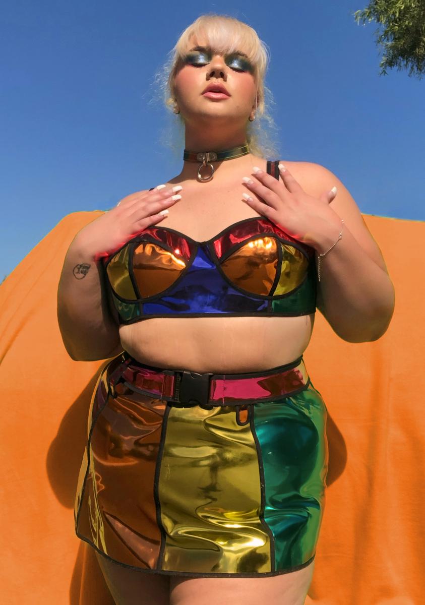 Plus Size Club Exx Hologram Vinyl Skirt Rainbow Color Block