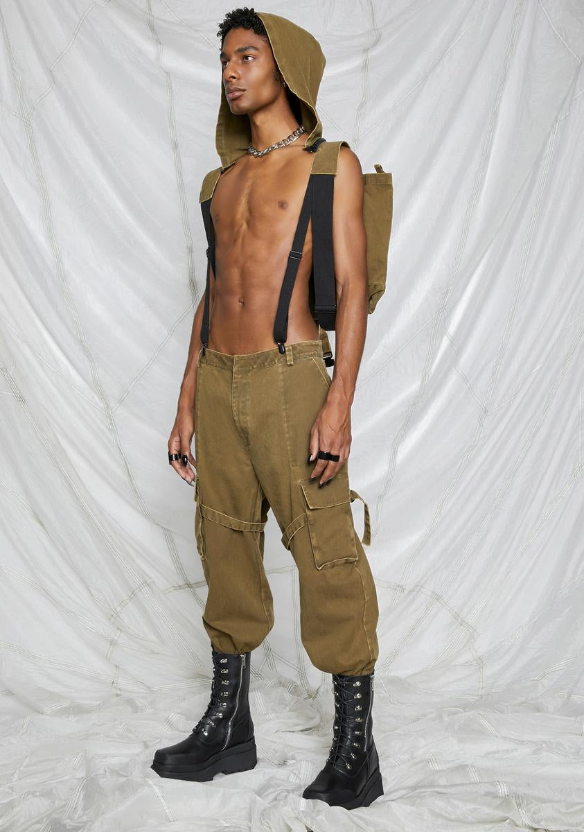 Darker Wavs Unisex Cargo Overalls With Attached Backpack - Olive ...
