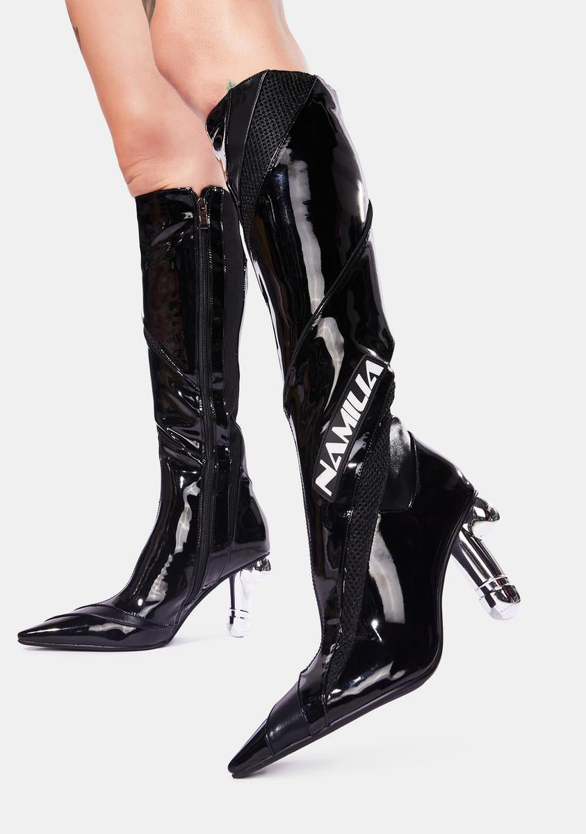 Black Patent Vegan Dick Heel Motocross Boots
