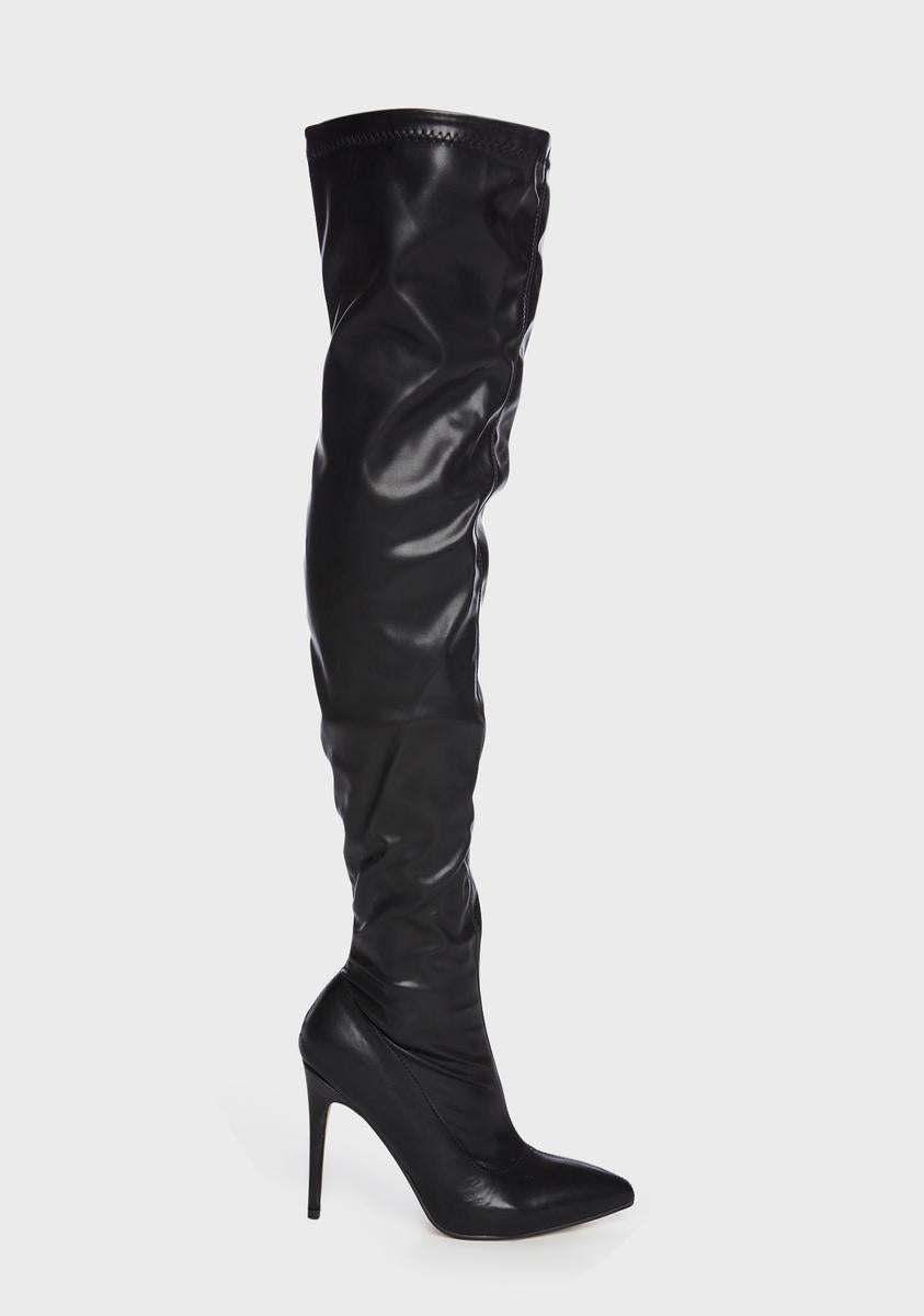 Vegan Leather Ruched Thigh High Pointed Toe Stiletto Boots - Black ...