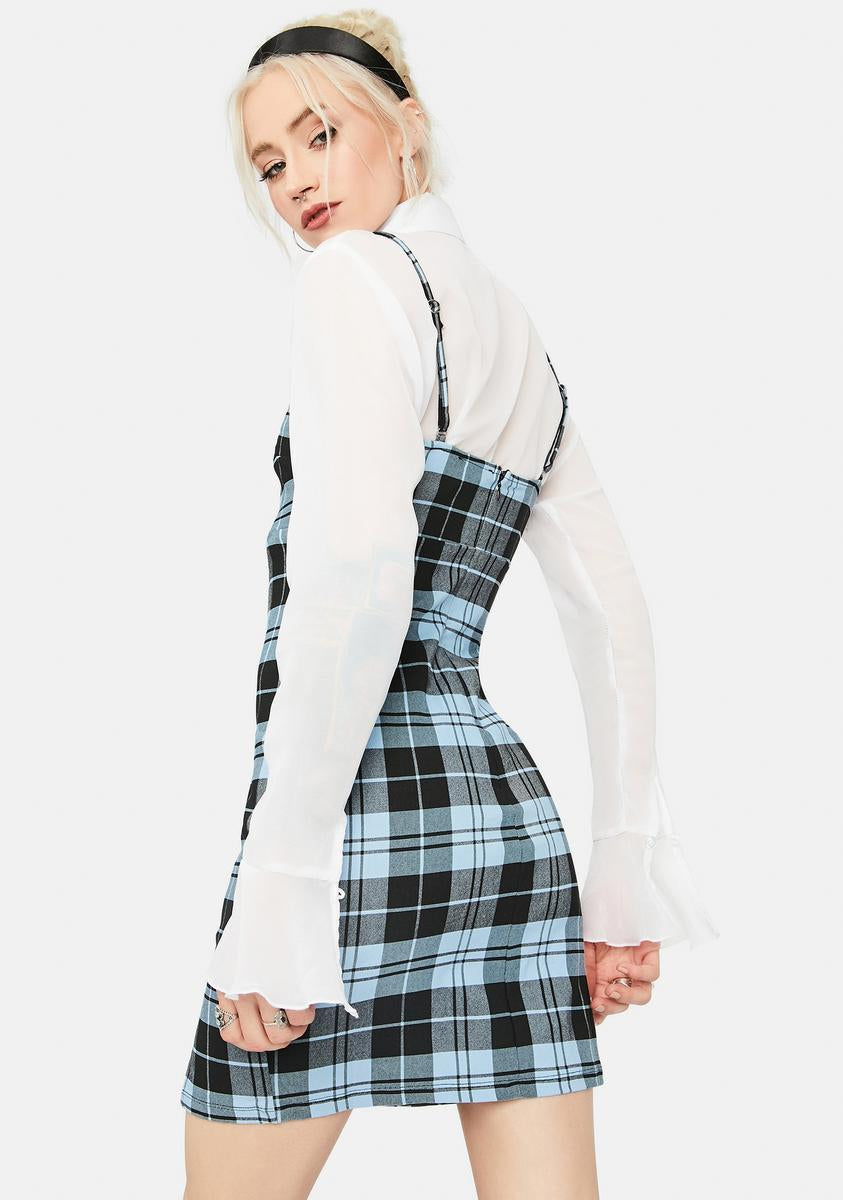Square Neck Side Split Plaid Mini Dress