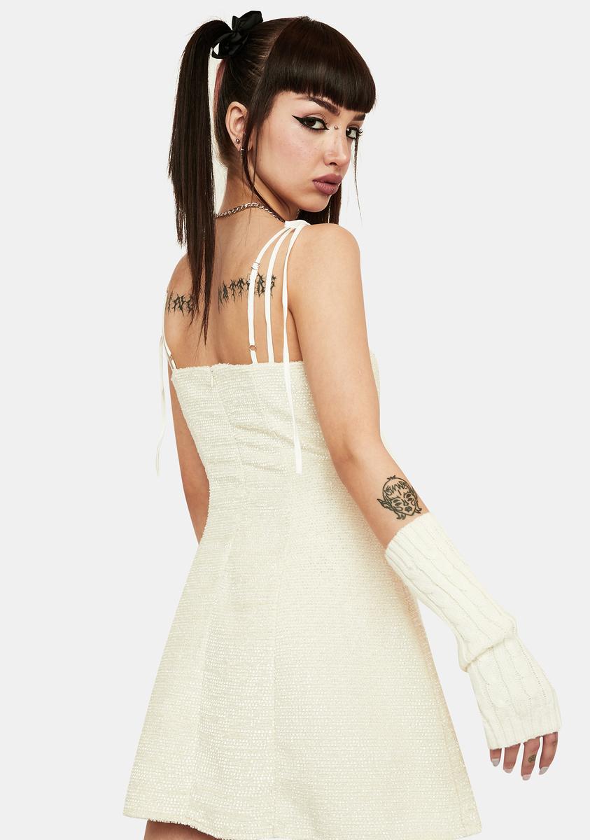 Tweed String Tie Lace Trim A Line Mini Dress White – Dolls Kill