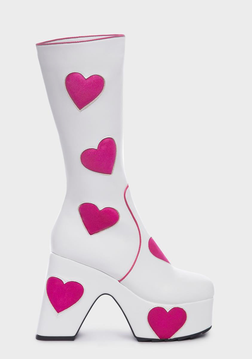 Lamoda Platform Heel Boots With Hearts - White/Pink – Dolls Kill