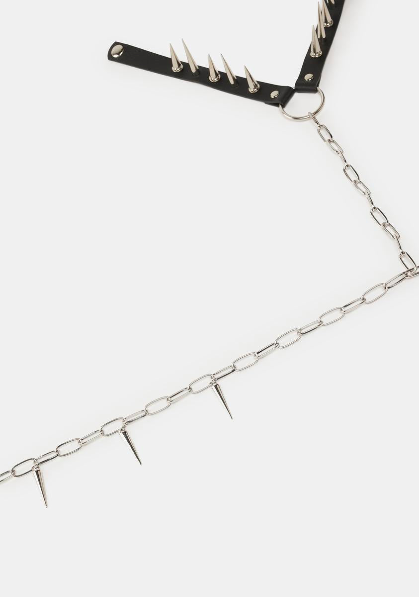 Vegan Leather Collar And Metal Chain Spiked Harness - Black – Dolls Kill